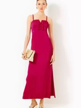 Lilly Pulitzer Satin Bow Maxi “Jean” Dress Raspberry Rouge Size 12